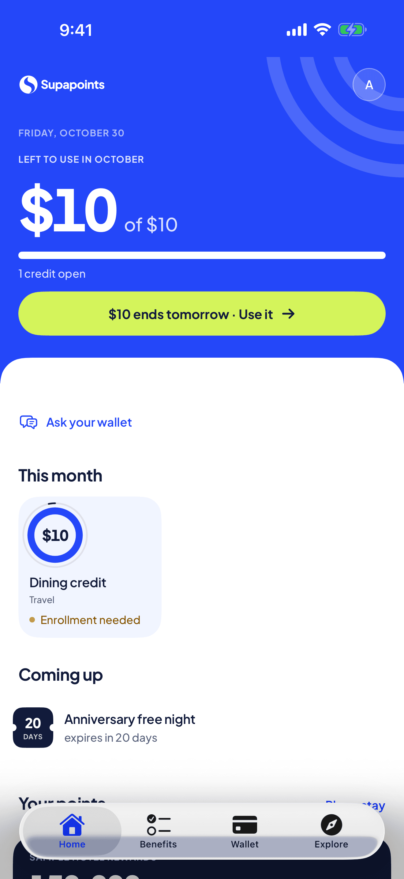 Supapoints Home: $10 left to use in October, the dining credit that ends tomorrow, and a free night that expires in 20 days