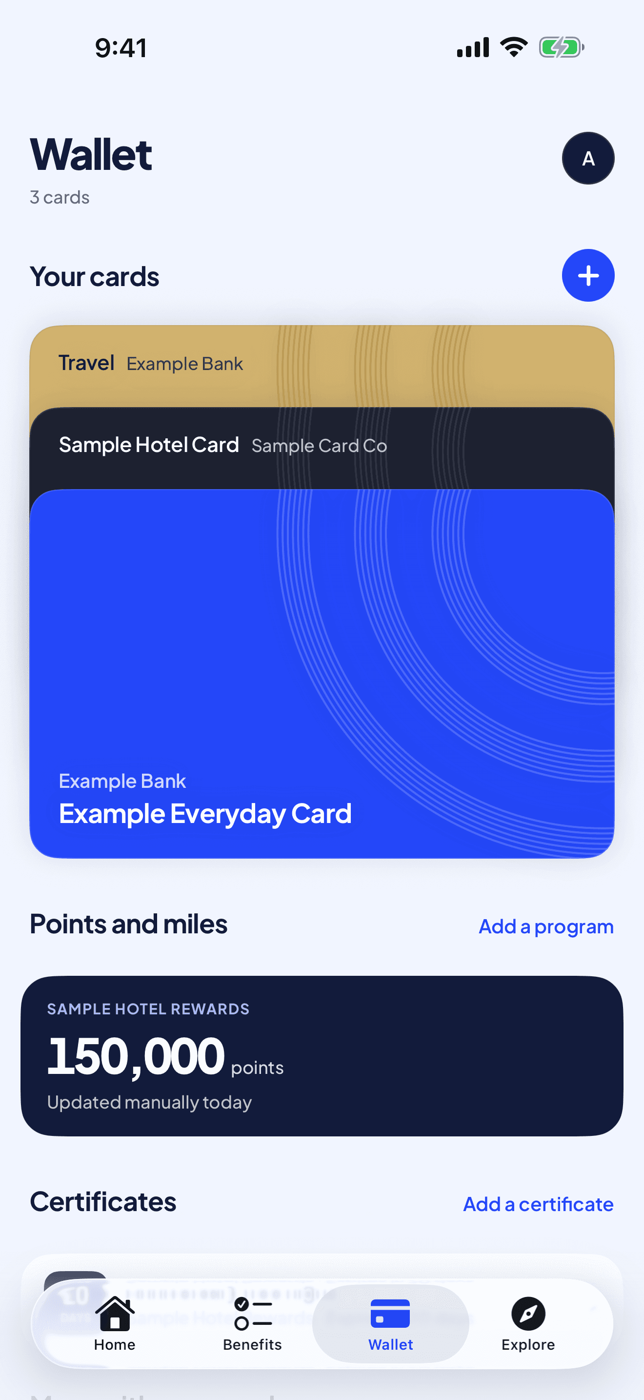 The Supapoints wallet with sample cards, a points program and certificates